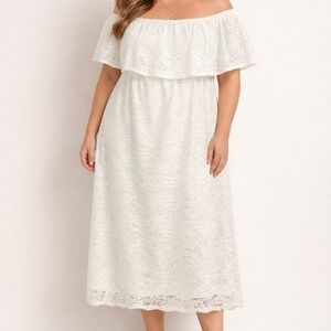 Off-Shoulder Ivory Lace Midi Dress with Ruffle Overlay Boho Wedding Guest